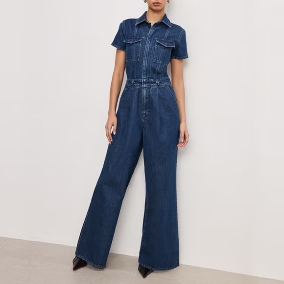 GOOD AMERICAN Fit For Success Pleated Wide Leg Denim Jumpsuit S - Picture 4 of 8